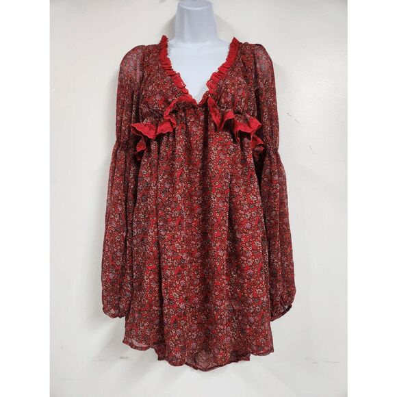 Free People Pennie Printed Babydoll Lace Ruffles Mini Dress S Cherry combo size - Picture 5 of 7